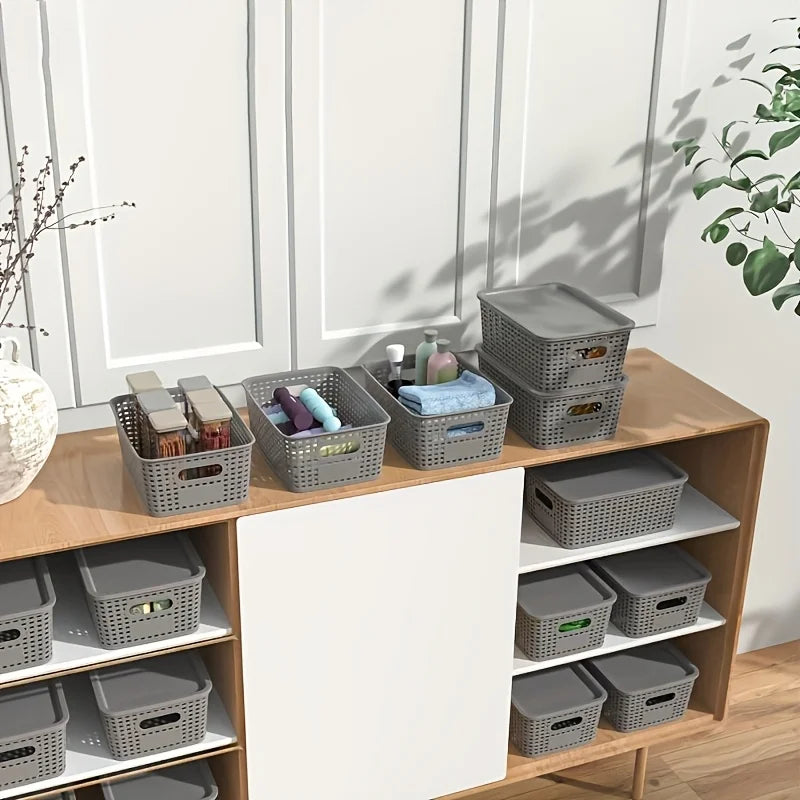 Plastic Storage Basket with Lid and Stackable Design for Office, Bedroom, Classroom, and Home Organization