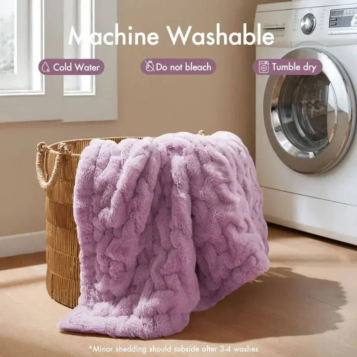 Faux Fur Throw Blanket with Double Sided Ruched Texture for Cozy Everyday Home Use