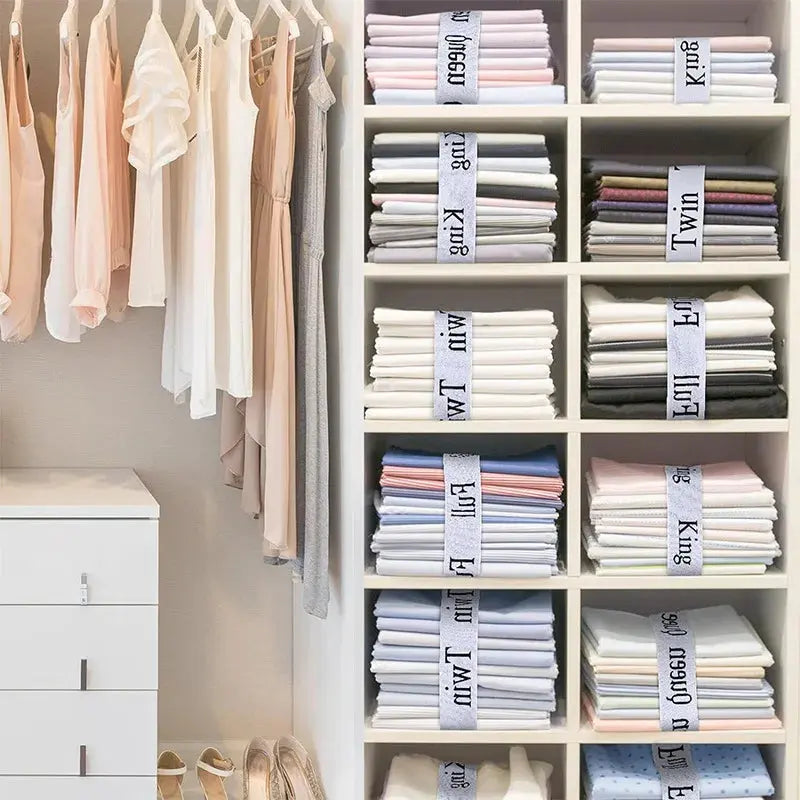 Elastic Bed Sheet Organizer Bands with Size Labels for Linen Closet Storage