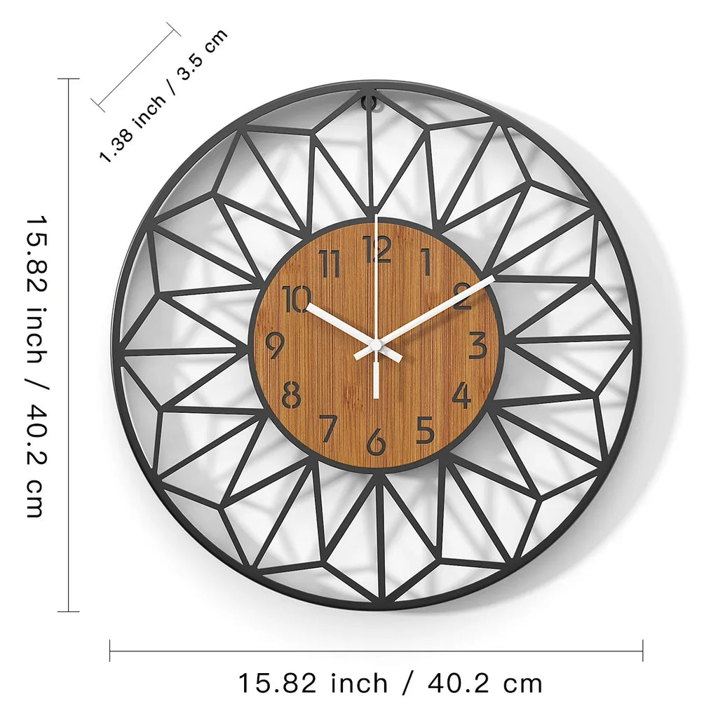 Geometric Metal Wall Clock with Hollow Frame and Simulated Wood Grain Dial for Living Room Decor