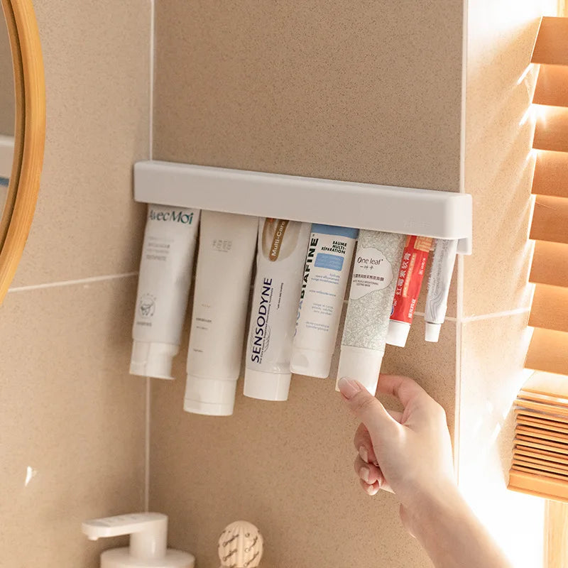 Nail-free Adhesive Toothpaste Holder with Squeezer Design for Bathroom Storage Organization