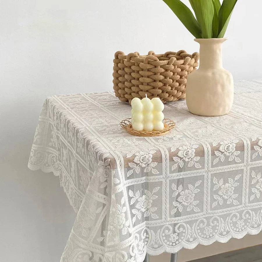 Antique Embroidered Lace Tablecloth Elegant Flower Cut Polyester Table Cover for Dining Table Holiday Decor