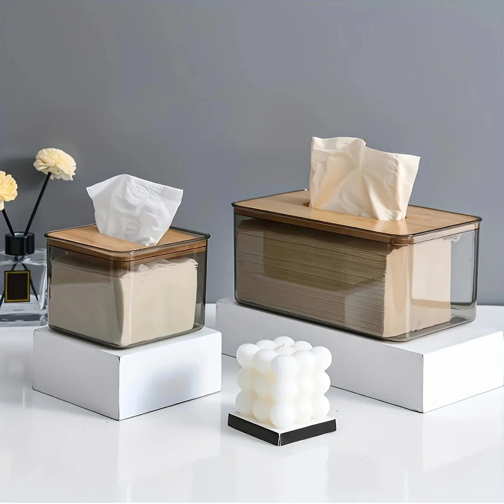 Transparent Tissue Box Holder with Bamboo Lid for Living Room, Bedroom, Office, and Bathroom Storage