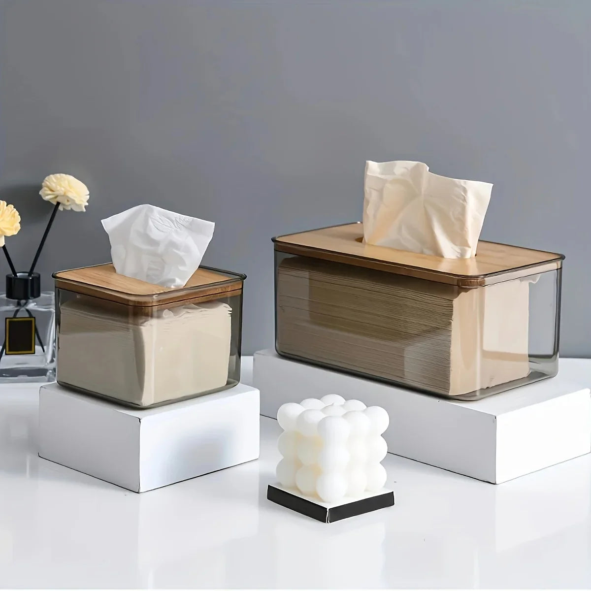 Transparent Tissue Box Holder with Bamboo Lid for Living Room, Bedroom, Office, and Bathroom Storage