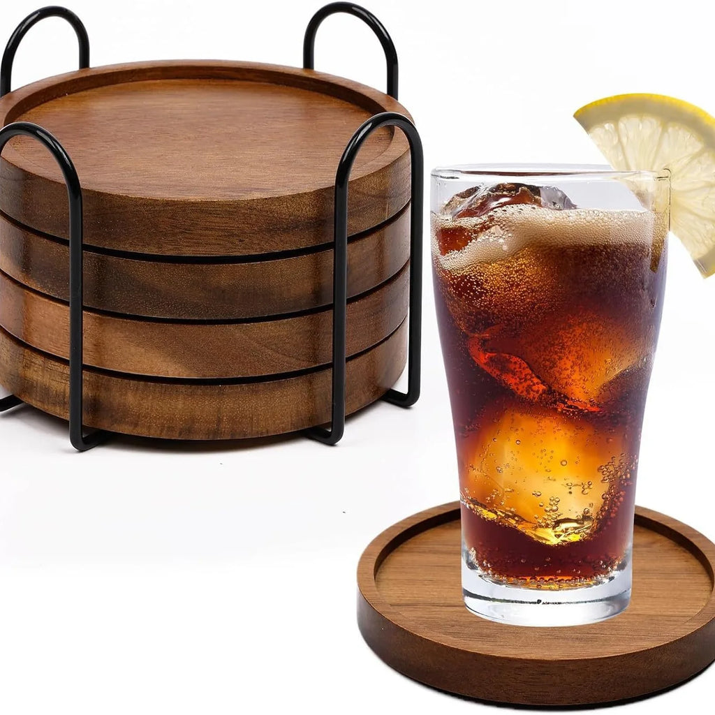 Absorbent Wooden Drink Coasters with Holder for Table Protection Farmhouse Office Bar Use