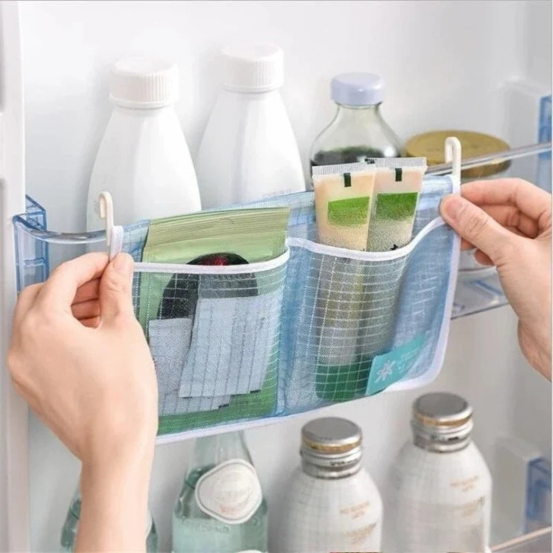 Refrigerator Mesh Organizer Bag with Double Compartment Hanging Design for Sauce Packet and Kitchen Storage