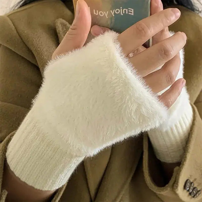 Women Fingerless Winter Gloves Soft Plush Knitted Wrist Mittens