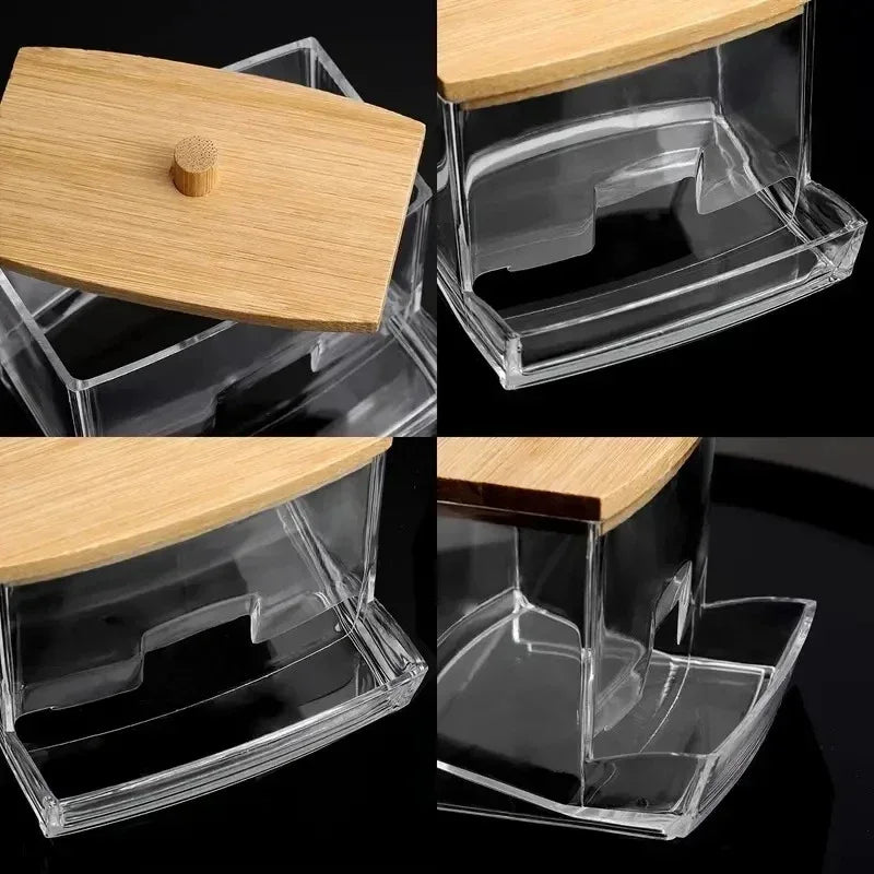Cotton Swab Storage Box with Bamboo Lid Transparent Square Container for Bathroom Vanity and Toothpick Organization