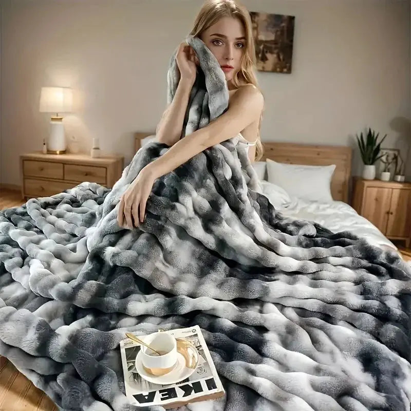Tie Dye Faux Rabbit Fur Throw Blanket with Reversible Plush Design for Couch Bed and Travel