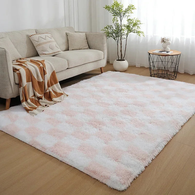 Nordic-Style Soft Plush Checkered Rug for Living Room, Bedroom, Bedside, or Sofa, Fluffy Polyester Carpet for Home Decoration
