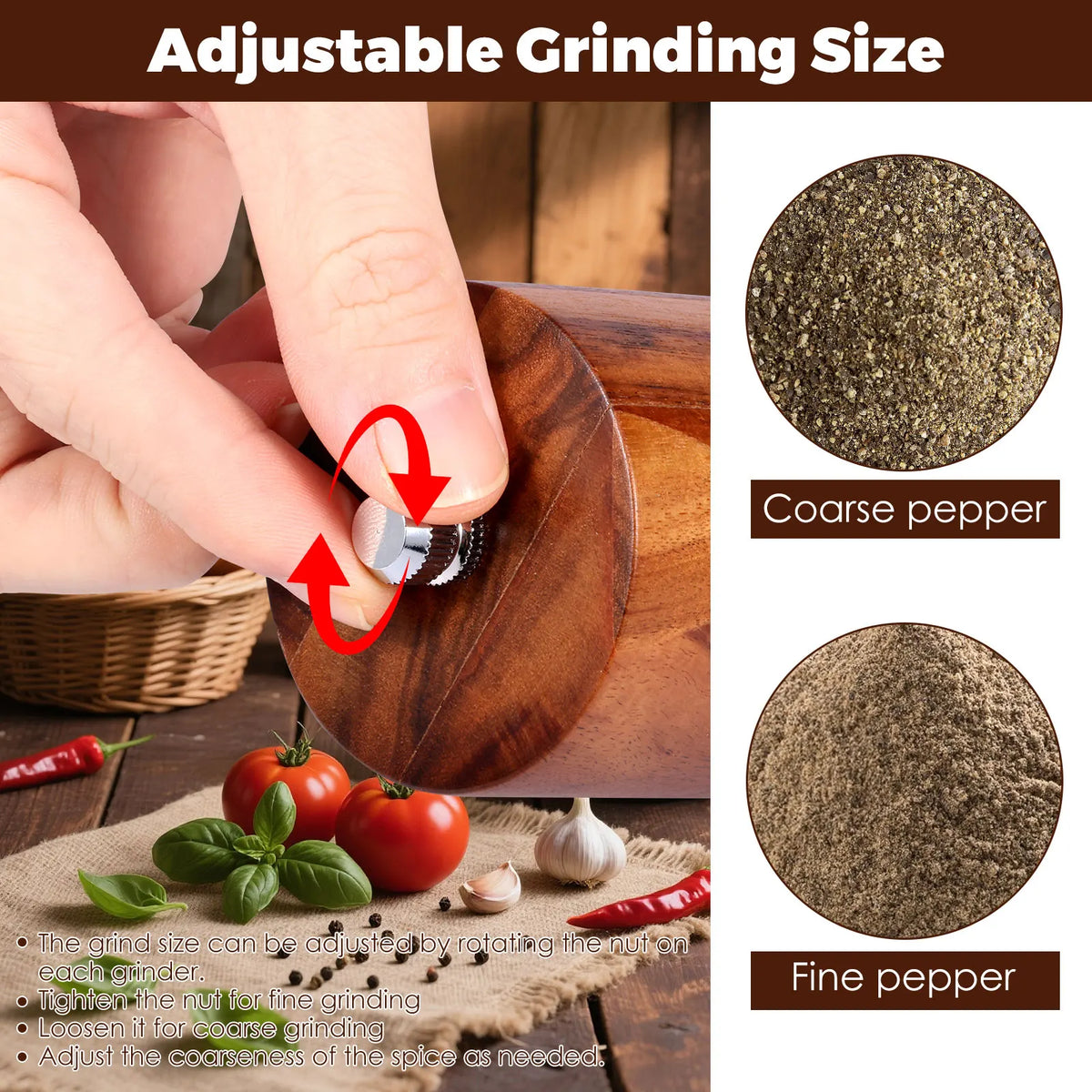 Wooden Pepper Grinder Set with Adjustable Coarseness Design for Sea Salt Peppercorns and Kitchen Seasoning