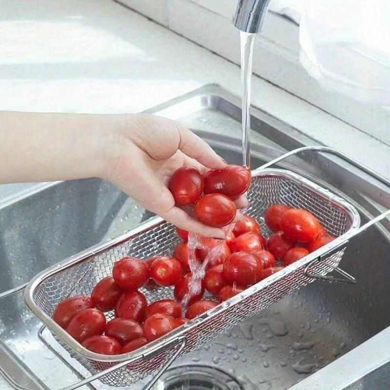 Stainless Steel Over Sink Colander with Adjustable Handle for Washing, Draining, and Straining Food