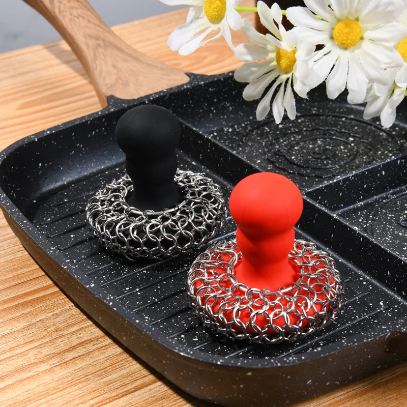 Cast Iron Cleaner Scrubber with Chain Mail Sponge, Silicone Handle, and Pan Scraper for Skillet Grill and Dutch Oven