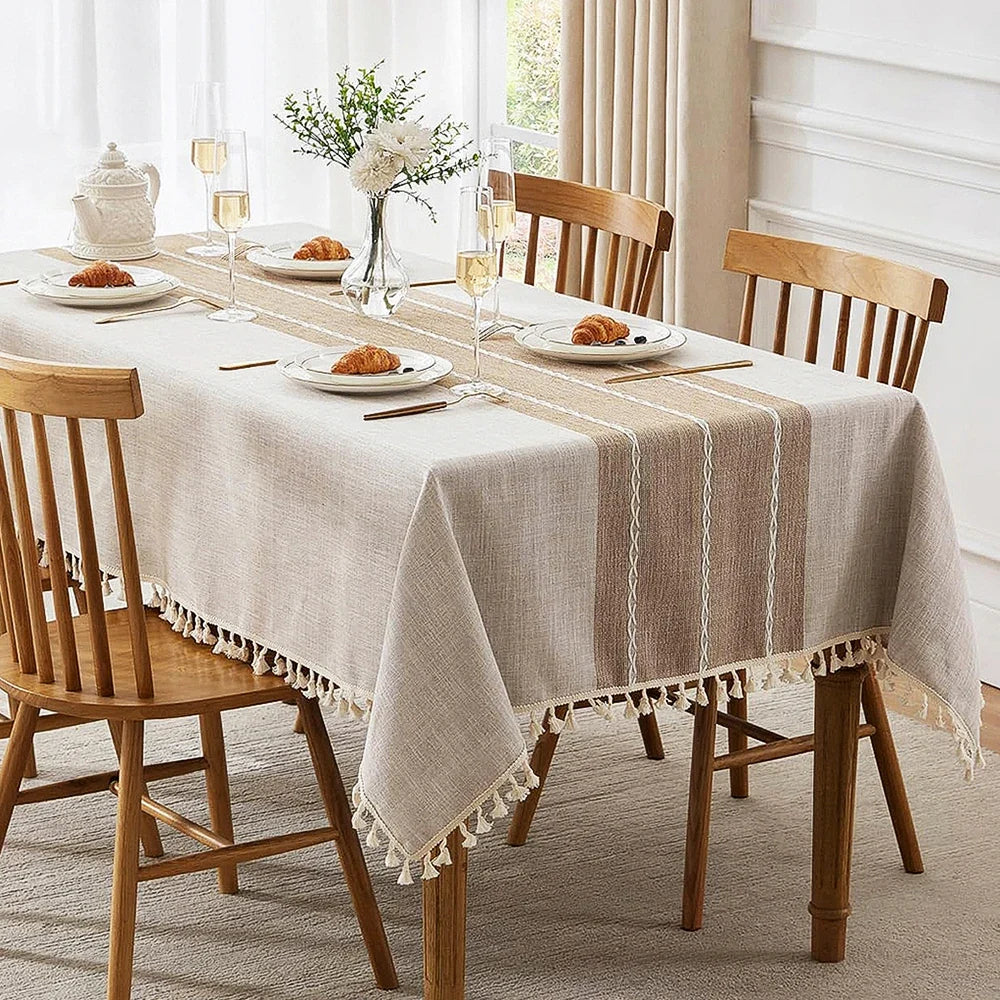 Linen Table Cloth Farmhouse Cotton Blend with Water Resistant Coating and Tassel Edges for Dining Table