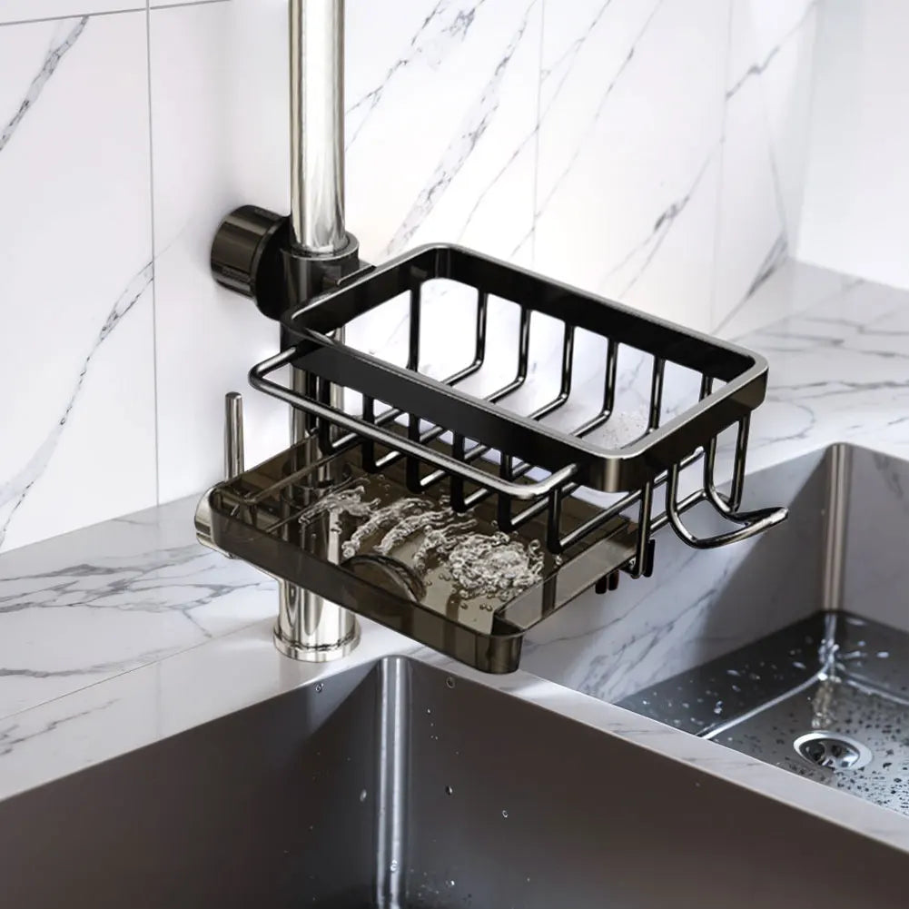 Aluminum Sink Drain Rack with Detachable Faucet Mounted Design for Kitchen Sponge and Soap Storage