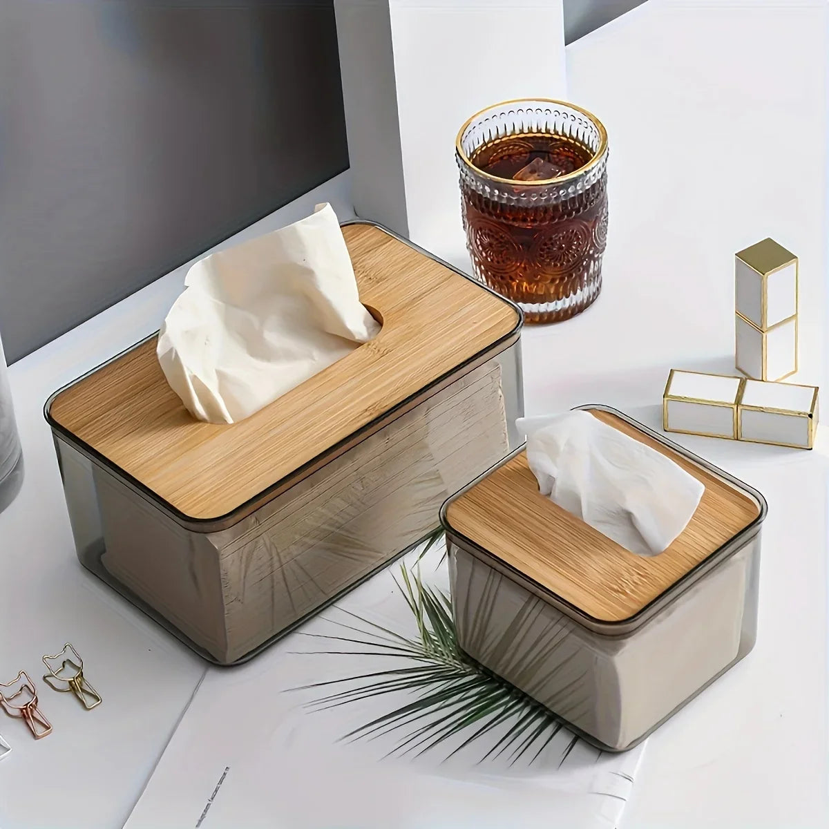 Transparent Tissue Box Holder with Bamboo Lid for Living Room, Bedroom, Office, and Bathroom Storage
