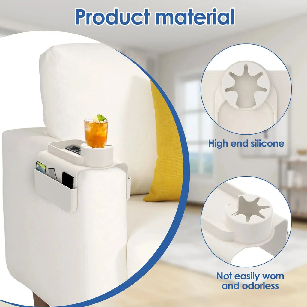 Silicone Sofa Armrest Cup Holder Tray with Anti Slip Design and Side Pocket Storage