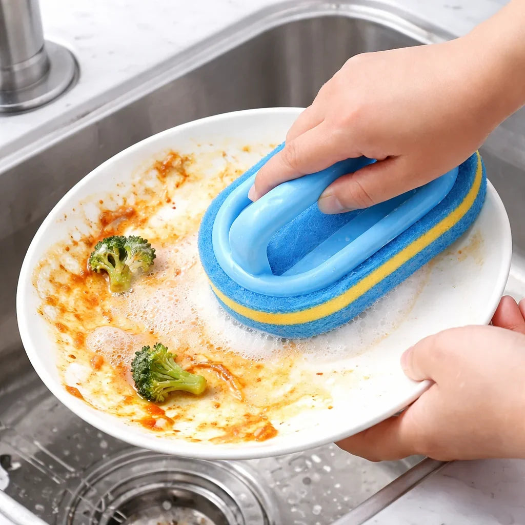 3 Pcs Durable Household Cleaning Brush with Handle for Kitchen, Bathroom, and Dish Scrubbing, Thickened Scrubbing Sponge for Efficient Cleaning