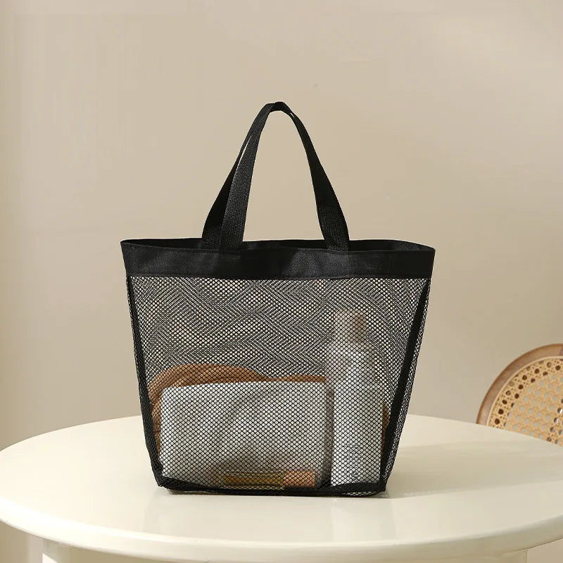 Transparent Mesh Cosmetic Tote Bag with Portable Design for Travel Beach Bathroom and Toiletry Storage
