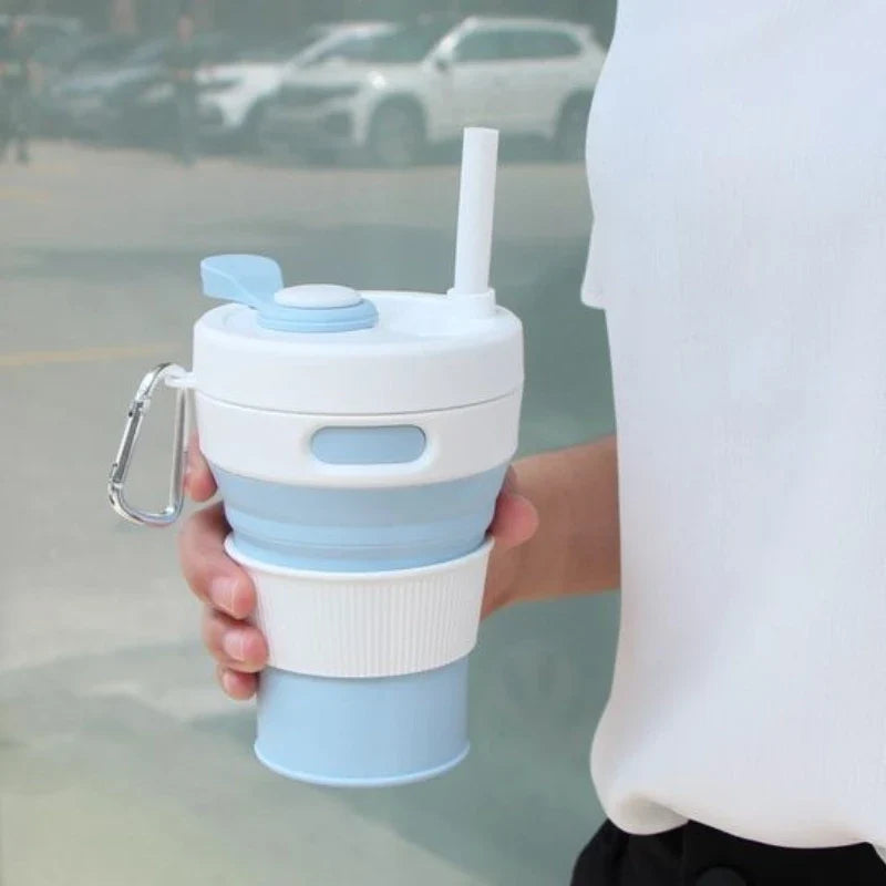Silicone Folding Cup 450ml Collapsible Travel Cup with Lid and Handle for Camping Hiking and Outdoor Use