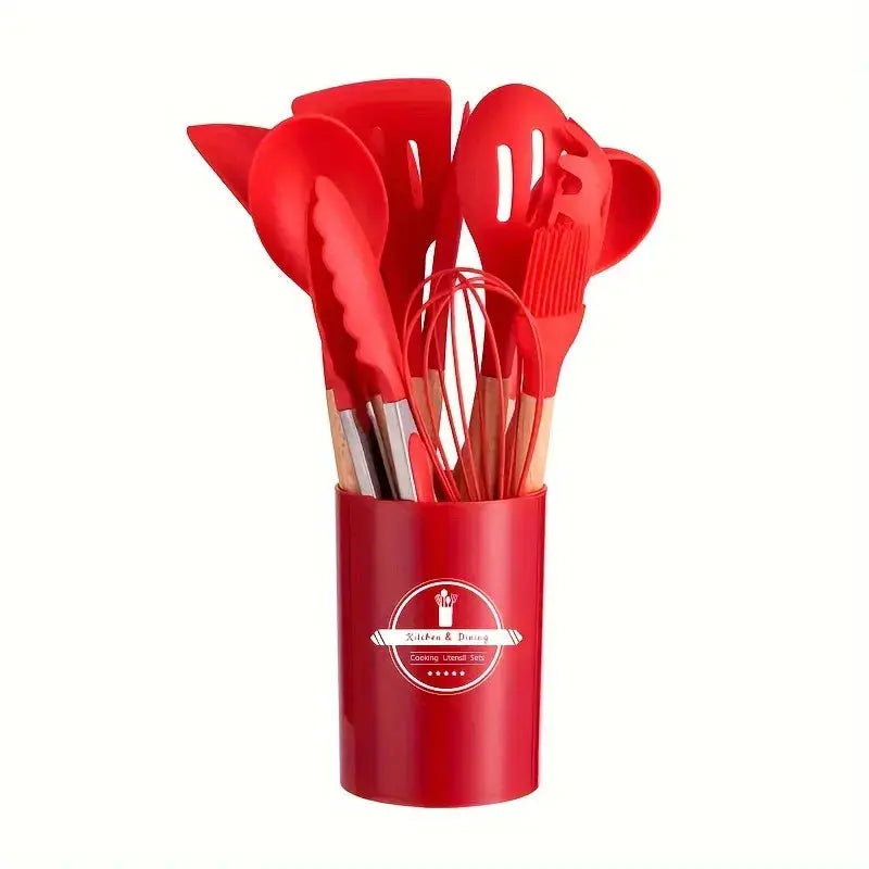 12 Piece Silicone Kitchen Utensils Set with Wooden Handles Non Stick Heat Resistant Cooking Tools