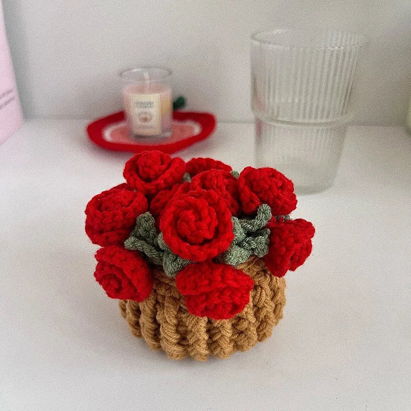 Rose Crochet Coasters with Plant Pot Holder for Coffee Table and Home Office Decor with Size 4.7×4.7×1.2" (12×12×3cm)
