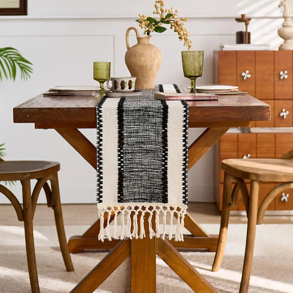 Brown Boho Macrame Table Runner with Tassels Farmhouse Dining Decor
