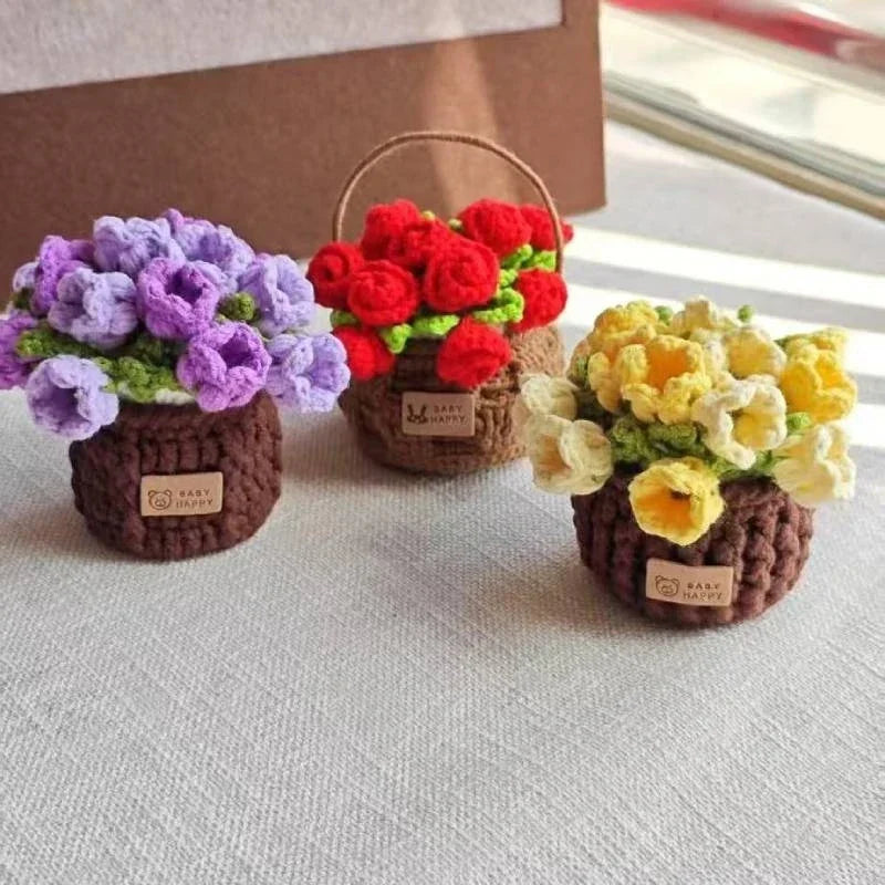 Rose Crochet Coasters with Plant Pot Holder for Coffee Table and Home Office Decor with Size 4.7×4.7×1.2" (12×12×3cm)