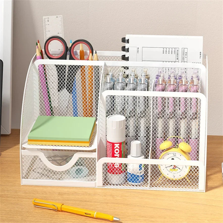 Metal Stationery Holder with 7 Compartments and Drawer for Office Supplies and Desktop Storage