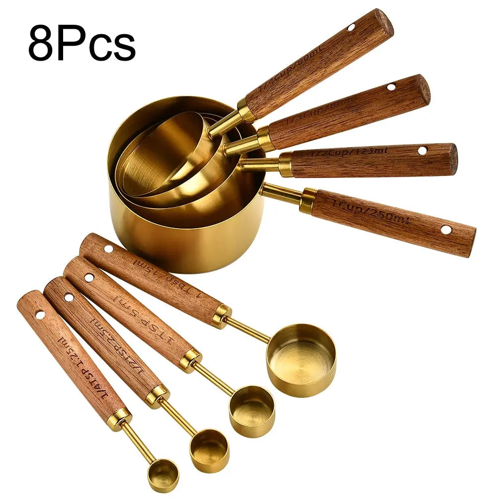 Gold Stainless Steel Measuring Cups and Spoons Set with Wooden Handles for Baking