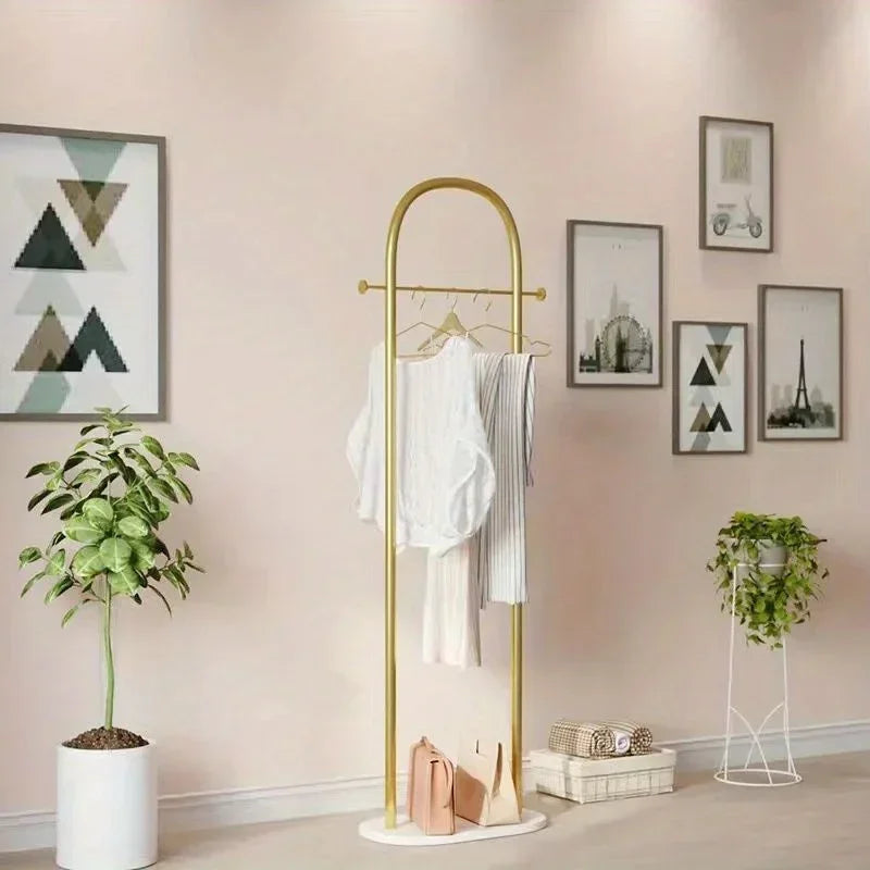 Metal Free-Standing Clothes Hanger with Marble Base, Minimalist Bedroom Coat Rack with Storage Shelf for Garments and Accessories
