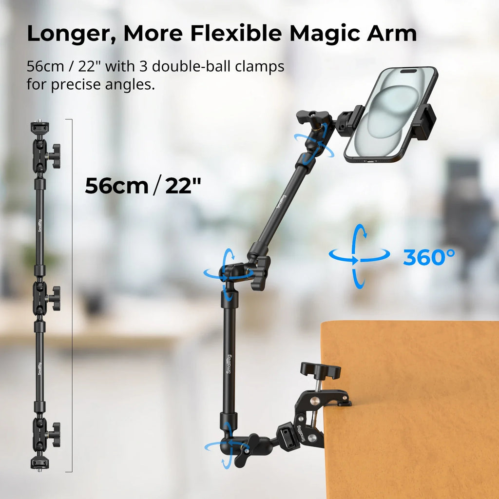 Desktop Shooting Magic Arm with Crab Clamp Adjustable Mount for Smartphone Webcam and Action Camera Use