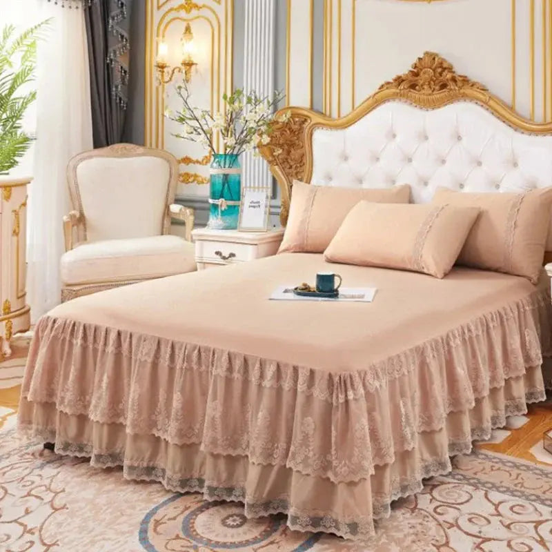 Three Layer Lace Ruffled Bed Skirt Non Slip Mattress Cover Dust Ruffle for Bedroom Use