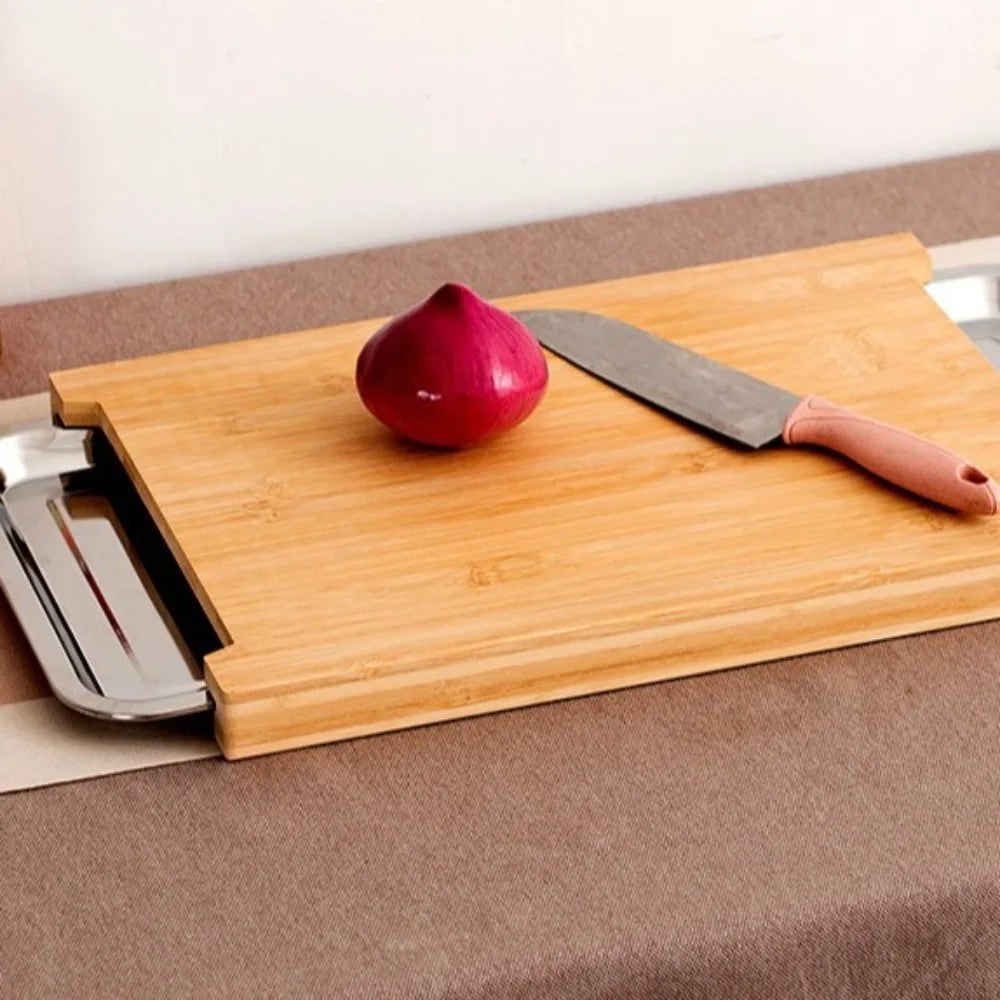 Drawer Cutting Board with Non Slip Wooden Surface and Pull Out Storage Trays for Kitchen Prep