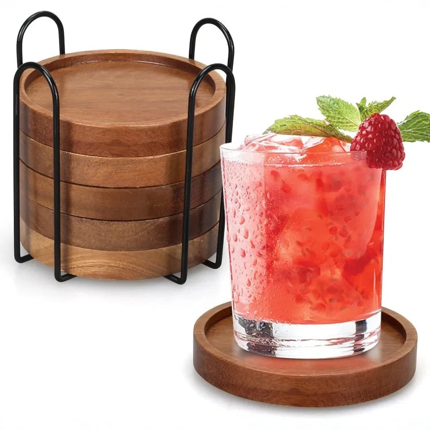 Absorbent Wooden Drink Coasters with Holder for Table Protection Farmhouse Office Bar Use