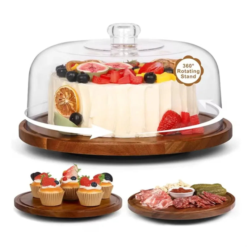 12-Inch Rotary Wooden Cake Stand with Dome Top Cover for Wedding Cupcakes and Dessert Displays (13×13×8"/32×32×20cm)
