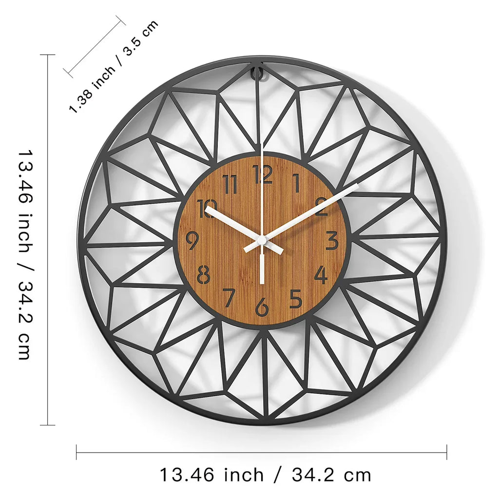 Geometric Metal Wall Clock with Hollow Frame and Simulated Wood Grain Dial for Living Room Decor