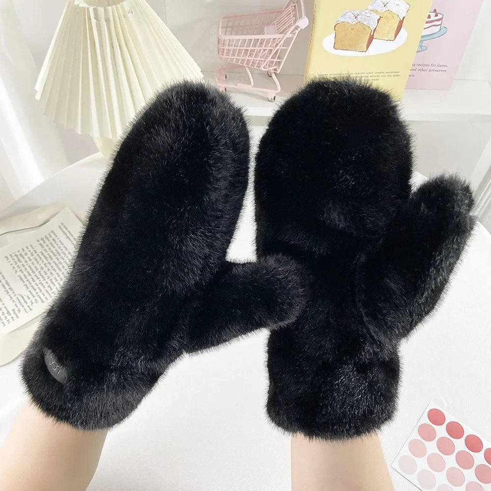 Plush Faux Fur Mittens with Heat Retaining Full Coverage Design for Cold Weather Comfort
