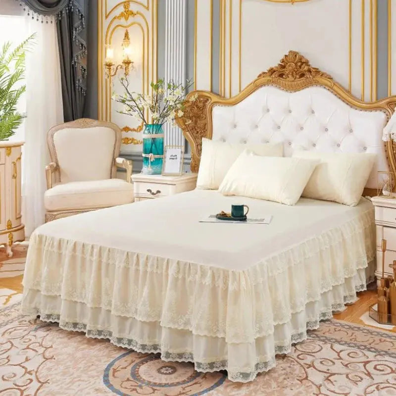 Three Layer Lace Ruffled Bed Skirt Non Slip Mattress Cover Dust Ruffle for Bedroom Use