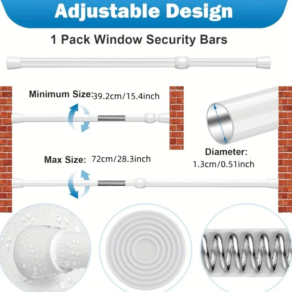 Adjustable Window Security Bar with Rubber Tips and Spring Tension Design for Sliding Doors and Windows