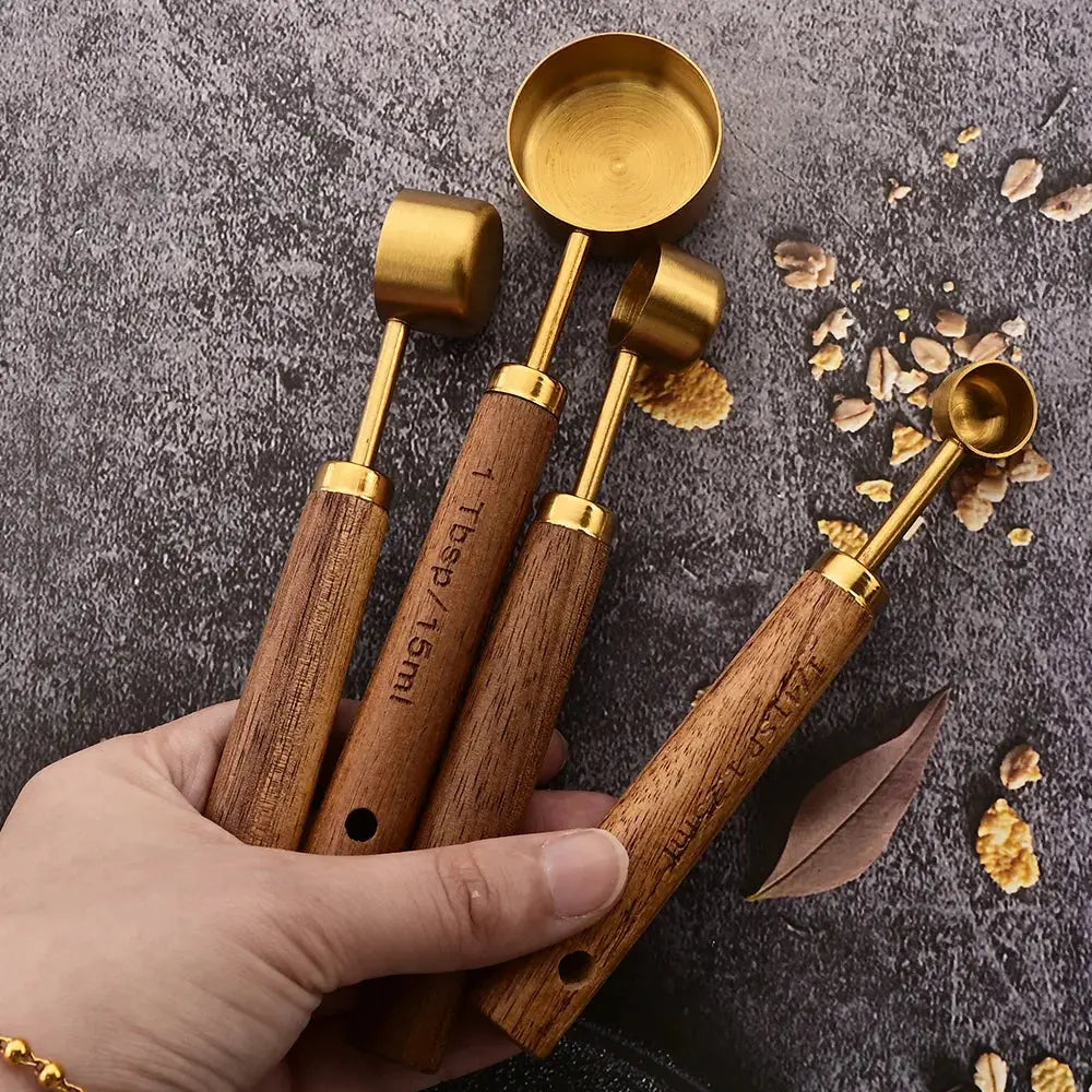 Gold Stainless Steel Measuring Cups and Spoons Set with Wooden Handles for Baking