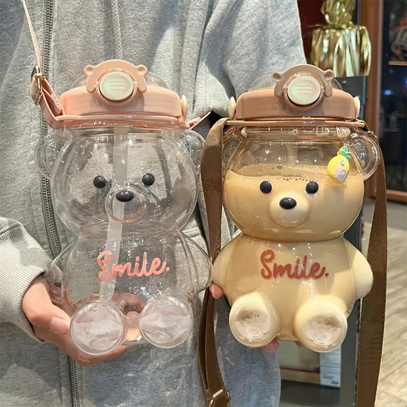 1000ml Cute Bear Water Bottle with 2 in 1 Straw Lid and Leakproof Design for School, Sports and Everyday Hydration