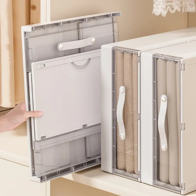 Foldable Linen Storage Box with Transparent Drawer Design for Bedding and Closet Organization