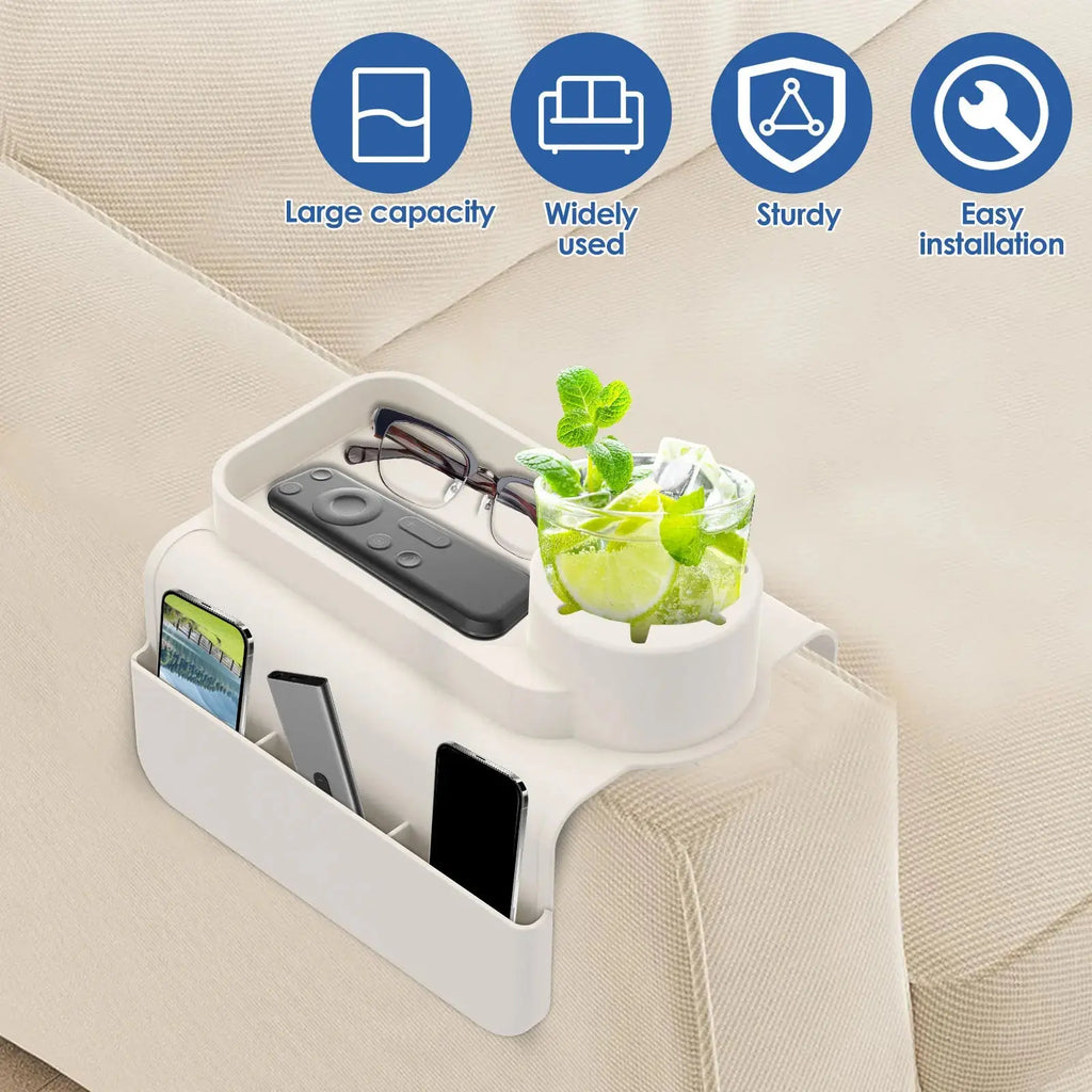Silicone Sofa Armrest Cup Holder Tray with Anti Slip Design and Side Pocket Storage