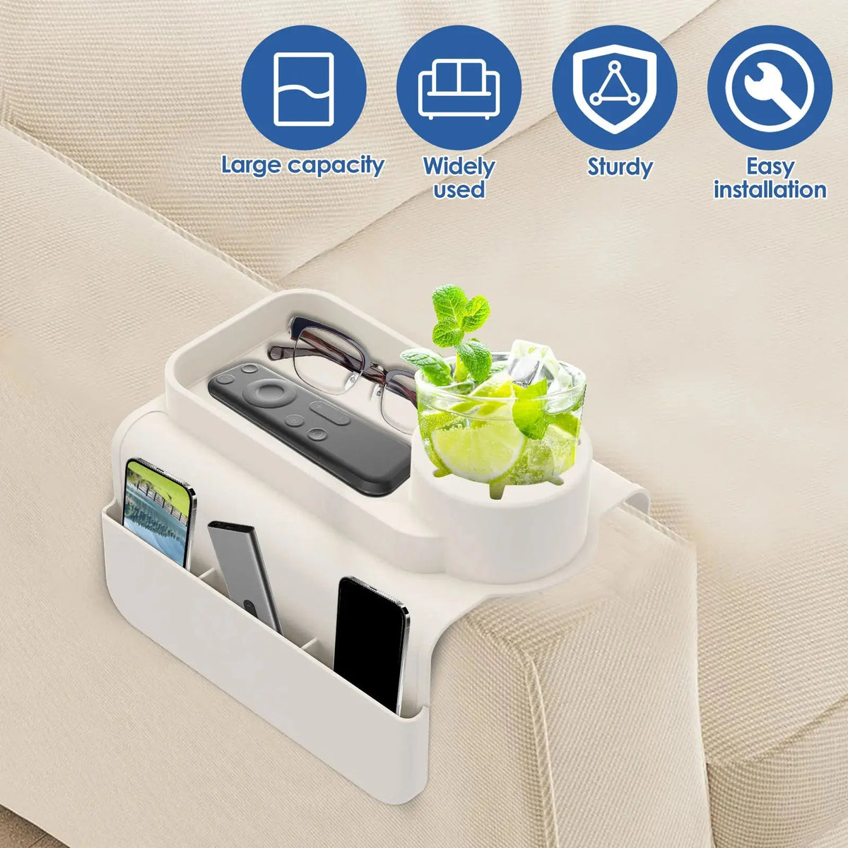 Silicone Sofa Armrest Cup Holder Tray with Anti Slip Design and Side Pocket Storage