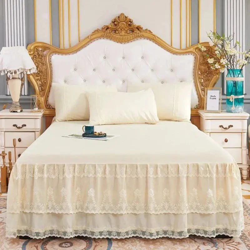 Three Layer Lace Ruffled Bed Skirt Non Slip Mattress Cover Dust Ruffle for Bedroom Use