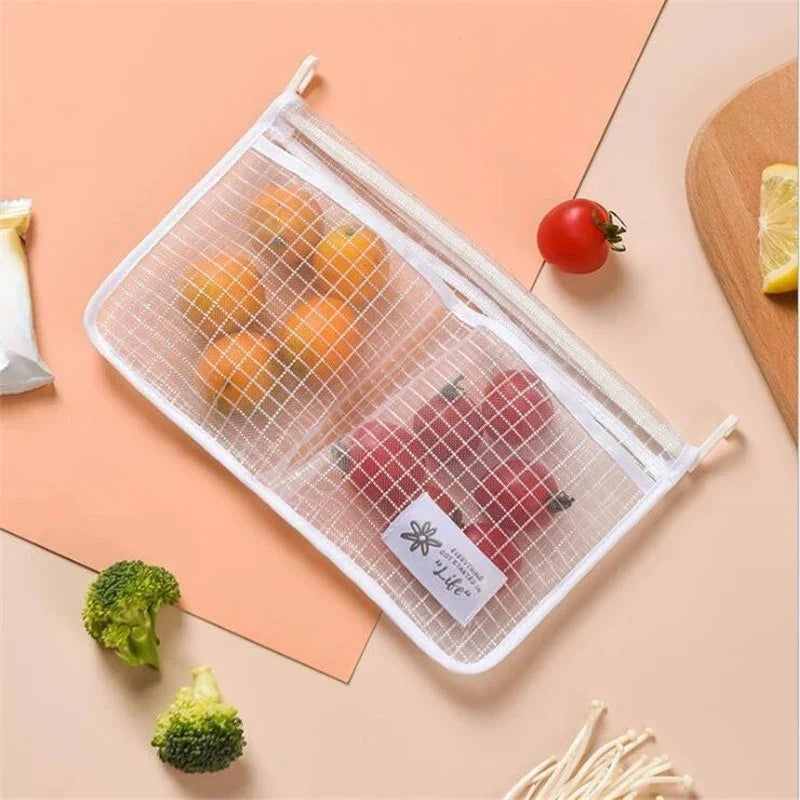 Refrigerator Mesh Organizer Bag with Double Compartment Hanging Design for Sauce Packet and Kitchen Storage