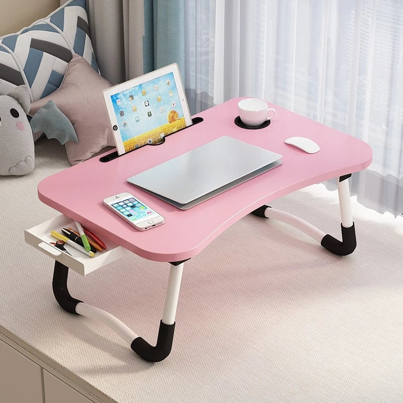 Folding Mini Table with Cup Holder, Bed Tray, and Tablet Stand for Laptop Use, Study, or Bedside Activities