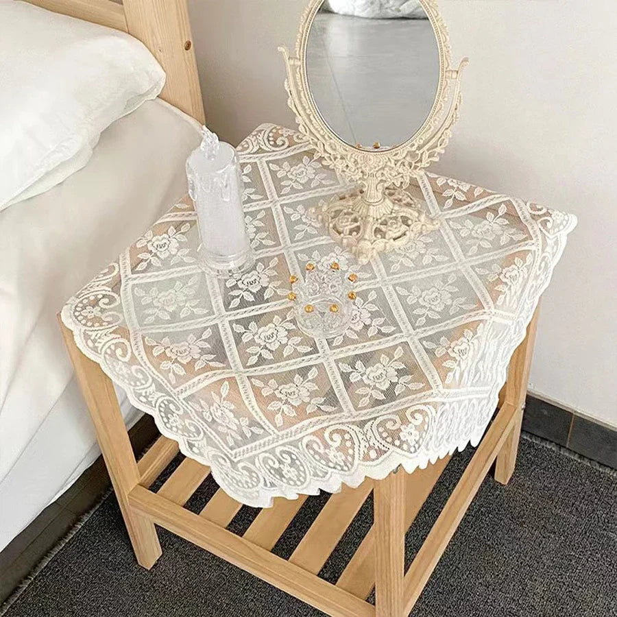 Antique Embroidered Lace Tablecloth Elegant Flower Cut Polyester Table Cover for Dining Table Holiday Decor