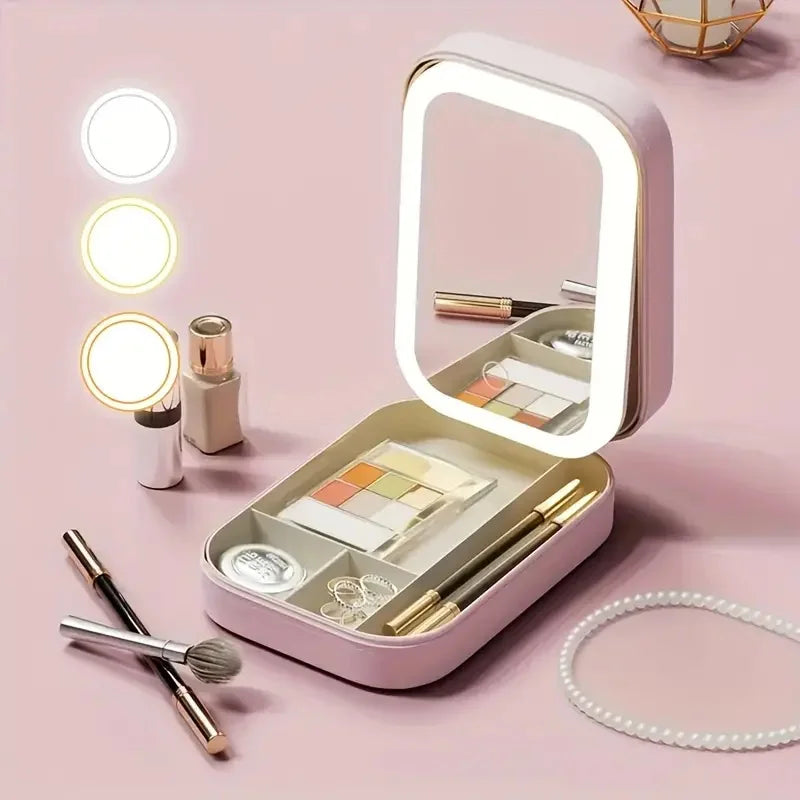 LED Makeup Case with Portable Mirror and Large Capacity Storage for Travel Beauty Organization (7×5×2" /16.5×11.5×6cm)